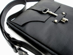 Genteel Black Leather Messenger with Antique French Skeleton Key