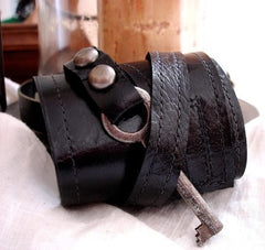 Master Key Cuff...Black Leather With Antique Skeleton Key